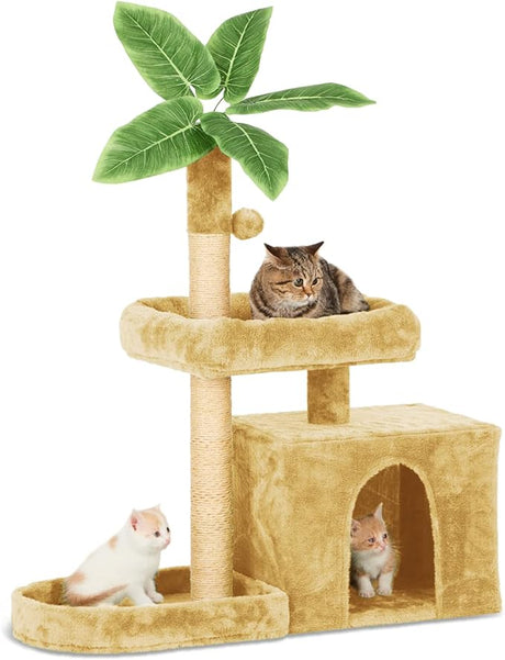 31.5" Cat Tree/Tower for Indoor Cats with Green Leaves, Cat Condo Cozy Plush Cat House