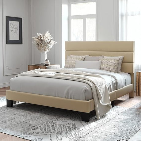 Queen Size Platform Bed Frame with Velvet Upholstered Headboard