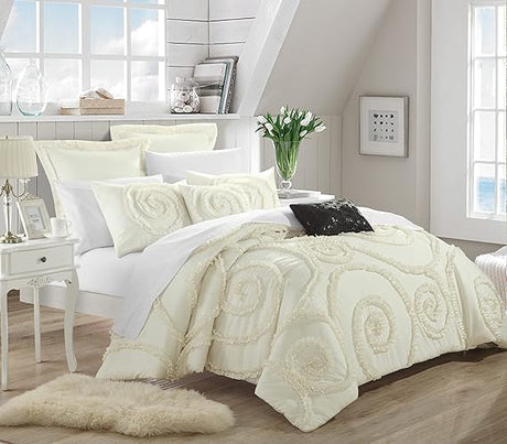 7 Piece Rosalia Floral Ruffled Etched Embroidery Comforter Set, Queen, Navy