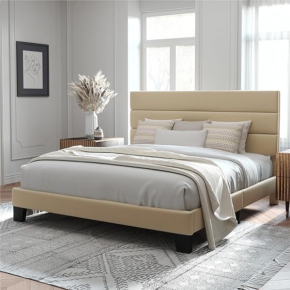 King Bed Frame Platform Bed with Fabric Upholstered Headboard and Wooden Slats Support