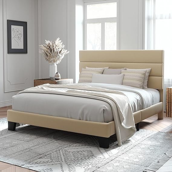 Full Size Platform Bed Frame with Fabric Upholstered Headboard and Wooden Slats Support