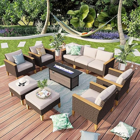 9 Piece Wicker Patio Furniture Set, 2 x Single Chair, 2 x Ottoman