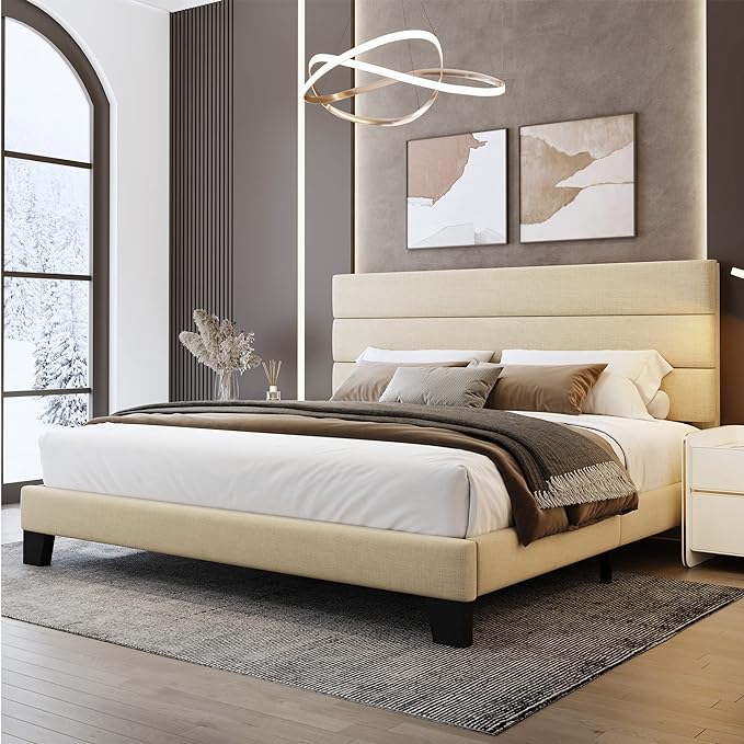 King Bed Frame Platform Bed with Velvet Upholstered Headboard and Wooden Slats Support