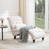 Button-Tufted Chaise Lounge Indoor with Solid Wood Legs & Support Pillow