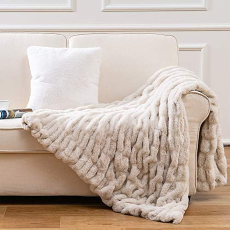 Soft Faux Rabbit Fur Throw Blanket - 50" x 60", Elegant Ruched Design Blanket