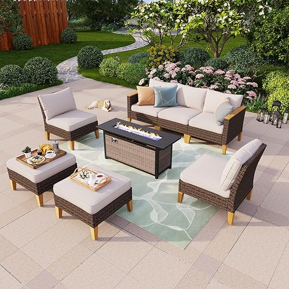 8-Piece Outdoor Sectional Patio Conversation Set with 56" Gas Fire Pit Table Table