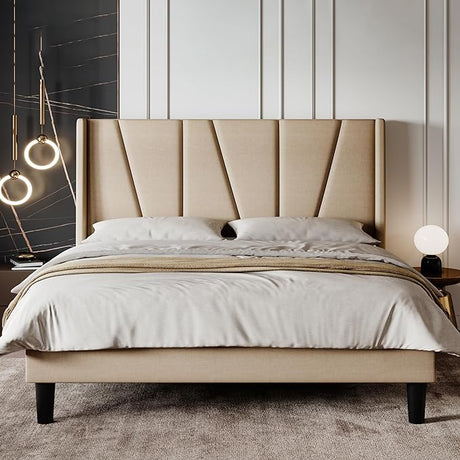 Queen Bed Frame, Upholstered Platform Bed with Geometric Headboard and Wingback