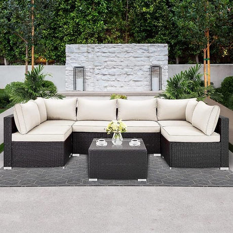 7 Piece Patio Furniture Set PE Rattan Sectional Conversation Sets