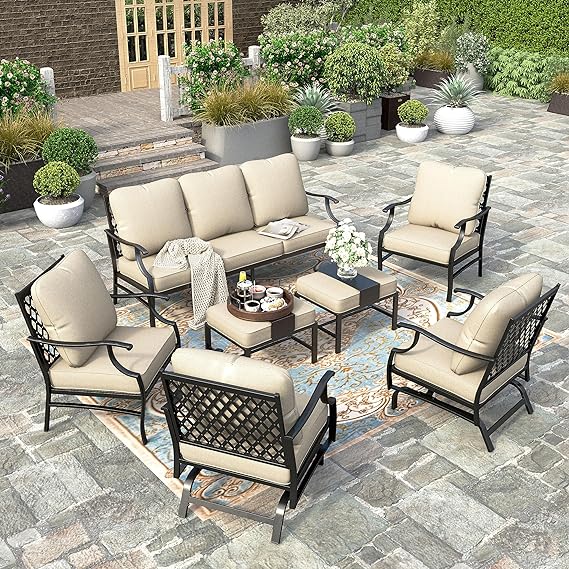 Patio Furniture Set, 2 x Swivel Chair, 2 x Fixed Chair, 2 x Ottoman, 1 x 3-Seat Sofa