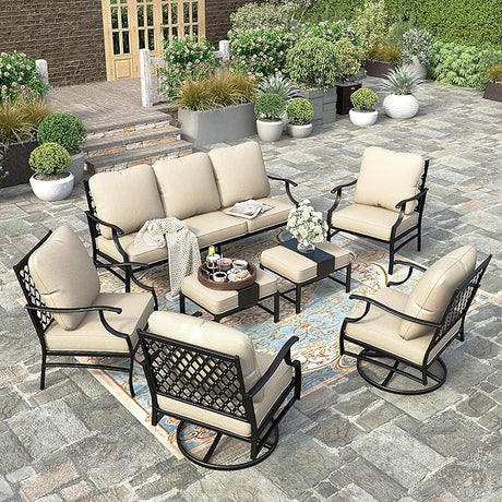 7 Piece Patio Furniture Set, 2 x Rocking Chair, 2 x Fixed Chair, 2 x Ottoman, 1 x 3-Seat Sofa