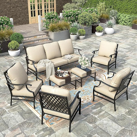 7 Piece Patio Furniture Set, 2 x Rocking Chair, 2 x Fixed Chair, 2 x Ottoman, 1 x 3-Seat Sofa