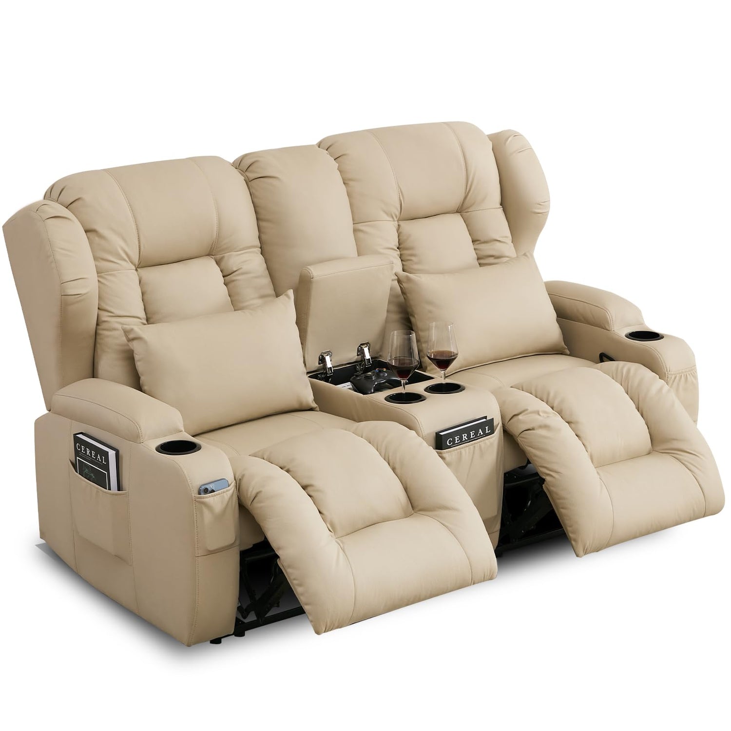 Beige RV reclining loveseat with cup holders and console

