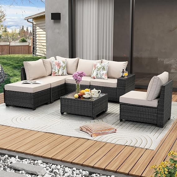 5 Pieces Patio Furniture Set All-Weather Outdoor Wicker Sectional Conversation Sofa