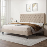 Queen Bed Frame with Adjustable Diamond Stitched Button Tufted Headboard/Faux