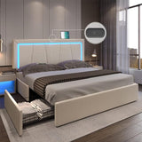 Queen LED Bed Frame with 4 Drawers and USB Ports Modern Faux Leather Upholstered