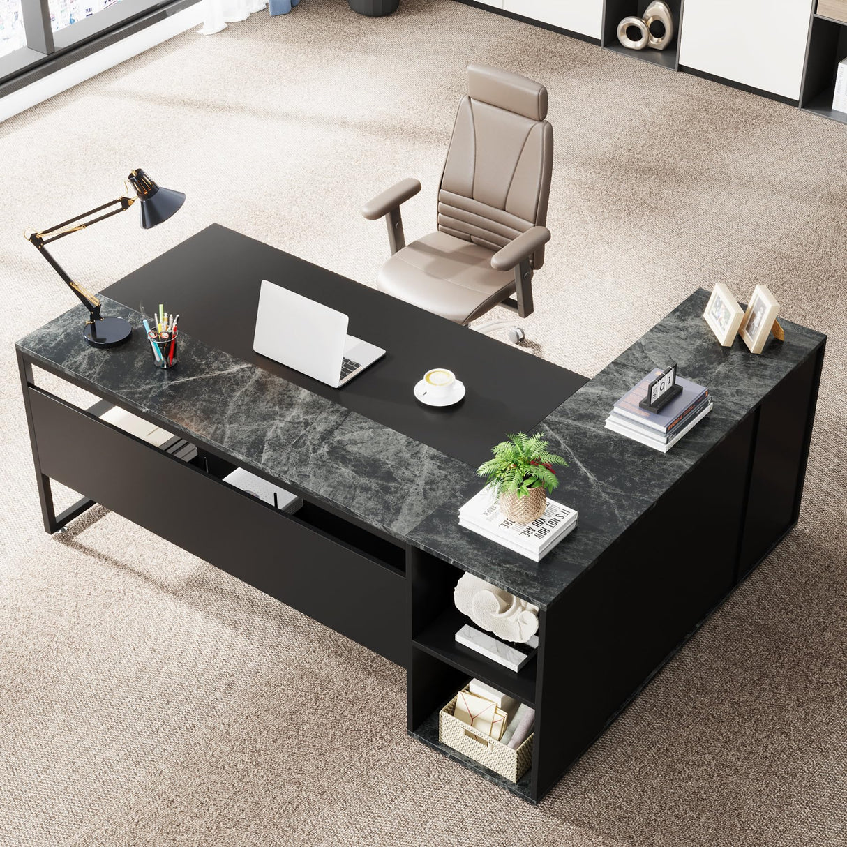 Bircata 71-inch Executive L-Shaped Desk – Black Finish with Storage Cabinet