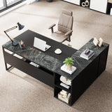 Bircata 71-inch Executive L-Shaped Desk – Black Finish with Storage Cabinet