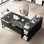 Bircata 71-inch Executive L-Shaped Desk – Black Finish with Storage Cabinet