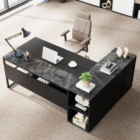 Bircata 71-inch Executive L-Shaped Desk – Black Finish with Storage Cabinet