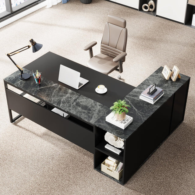 Bircata 71-inch Executive L-Shaped Desk – Black Finish with Storage Cabinet