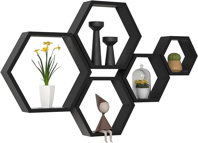Hexagon Floating Shelves Set of 5, Honeycomb Shelves Wall Mounted Storage Wall Shelf