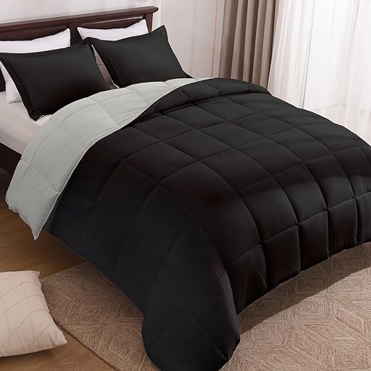 Queen Size Comforter Set - Reversible Washed Microfiber Navy and Blue Comforter