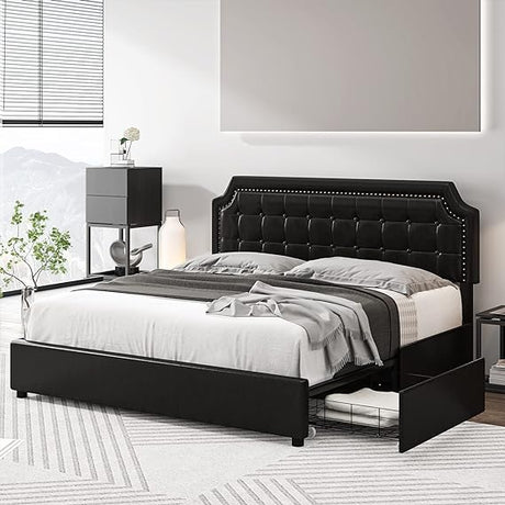 King Size Bed Frame with 4 Drawers, Upholstered Platform Storage Bed