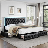 Queen Upholstered LED Bed Frame with 4 Drawers, Velvet Platform Storage Bed