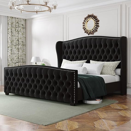 Queen Platform Bed Frame with Wingback Headboard, Velvet Upholstered Bed Frame