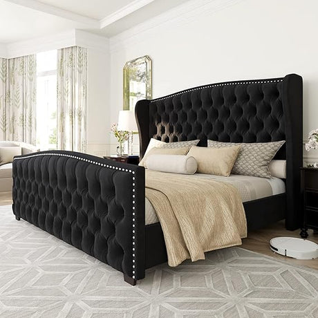 Platform Bed Frame, Velvet Upholstered Bed with Deep Button Tufted Headboard