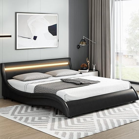 Modern Upholstered Platform Bed Frame with LED Lights and Curved Headboard, Faux Leather