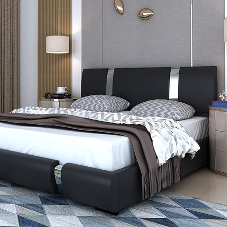 King Size Bed Frame with with Adjustable Headboard, Modern Low Profile Platform Bed