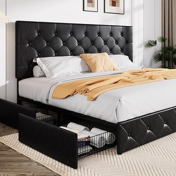 King Size Platform Bed Frame with 4 Storage Drawers and Headboard