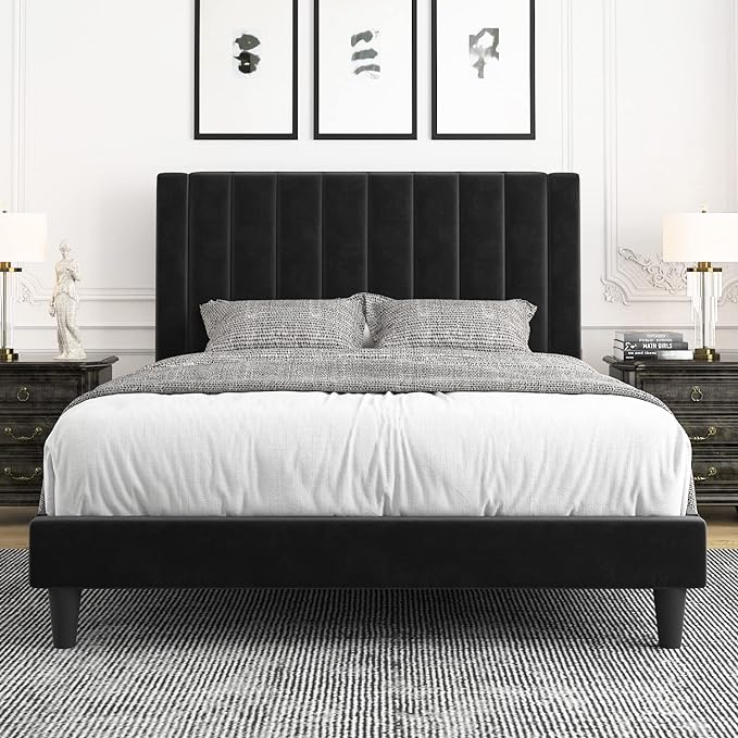 Full Size Bed Frame with Adjustable Tiara Headboard, Upholstered Diamond Button Tufted Bed