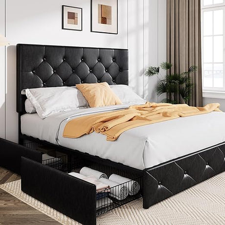 Upholstered Full Size Platform Bed Frame with 4 Storage Drawers