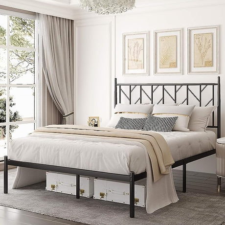 Queen Size Platform Bed Frame with Vintage Headboard