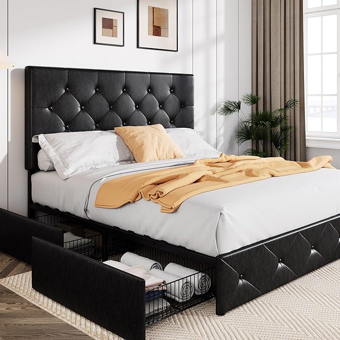 Upholstered Queen Size Platform Bed Frame with 4 Storage Drawers