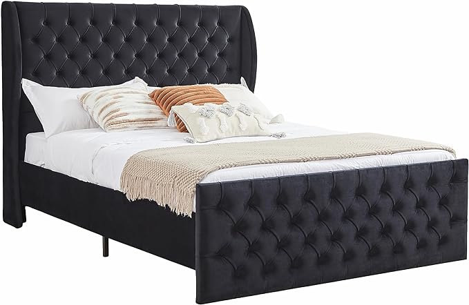 Queen Size Bed Frame, Wood Platform Bed Frame with Headboard, Solid Wood Foundation