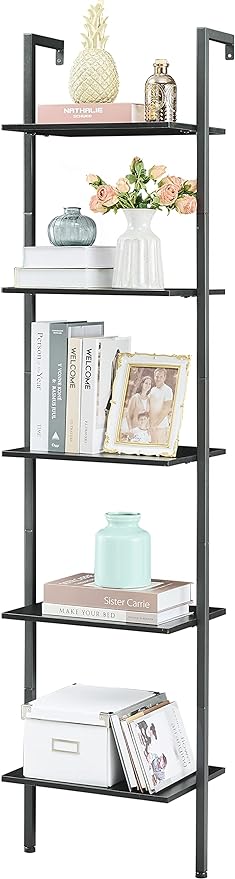 Industrial Bookcase, Ladder Shelf, 5-Tier Wood Wall Mounted Bookshelf