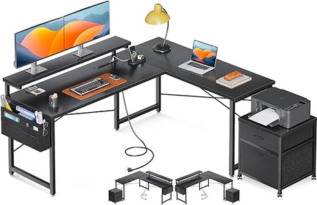 L Shaped Computer Desk, 55" Office Desk with File Cabinet