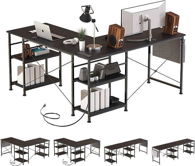 L Shaped Desk with Storage Shelves, Reversible Coner