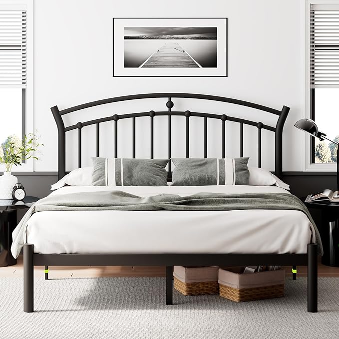 Queen Size Metal Platform Bed Frame with Modern Iron-Art Headboard/Heavy Duty