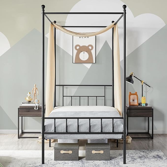 Twin Metal Canopy Bed Frame, Pink, 77.5" L x 41" W x 78" H, 350 lb Weight Capacity