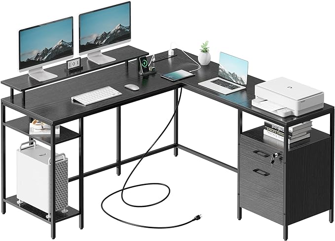 Reversible Computer Desk with Power Outlets & File Cabinet, L Shaped Desk