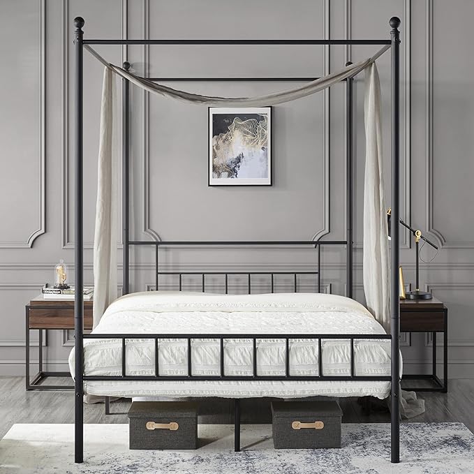 Metal Canopy Platform Bed Frame Four-Poster Canopied Bed Mattress Foundation