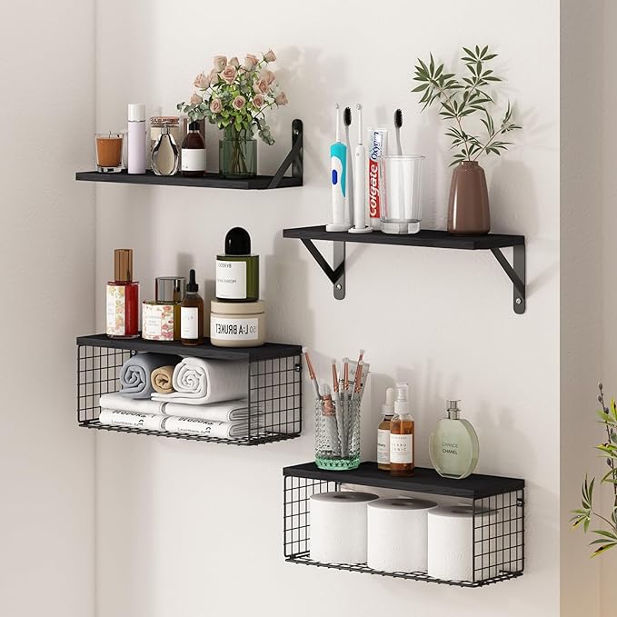 Wall Floating Shelves, Wall Mounted Shelf Set of 4, with Metal Baskets, Rustic Décor Style