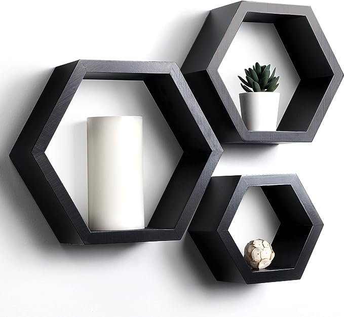 Set of 3 Pine Wood Hexagon Boho Shelves for Wall Decor - Farmhouse Honeycomb Rustic Shelves