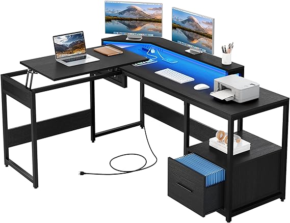 L Shaped Desk with Power Outlets & LED Lights