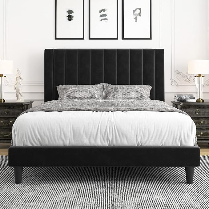 Full Bed Frame/Velvet Upholstered Bed Frame with Vertical Channel