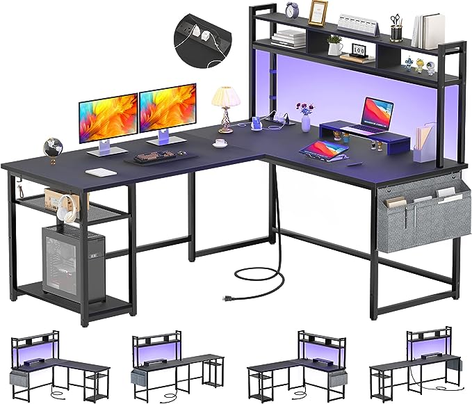 L Shaped Desk with Power Outlet & LED Strip, Reversible L-Shaped Corner Computer Desks